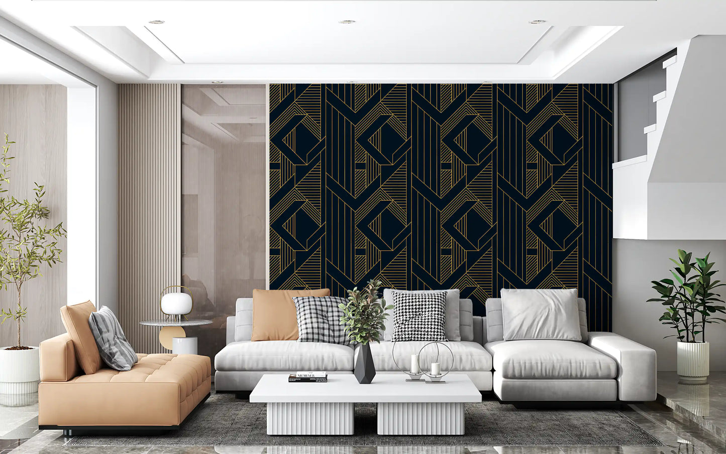 Luxurious Navy and Gold Art Deco Geometric Wallpaper
