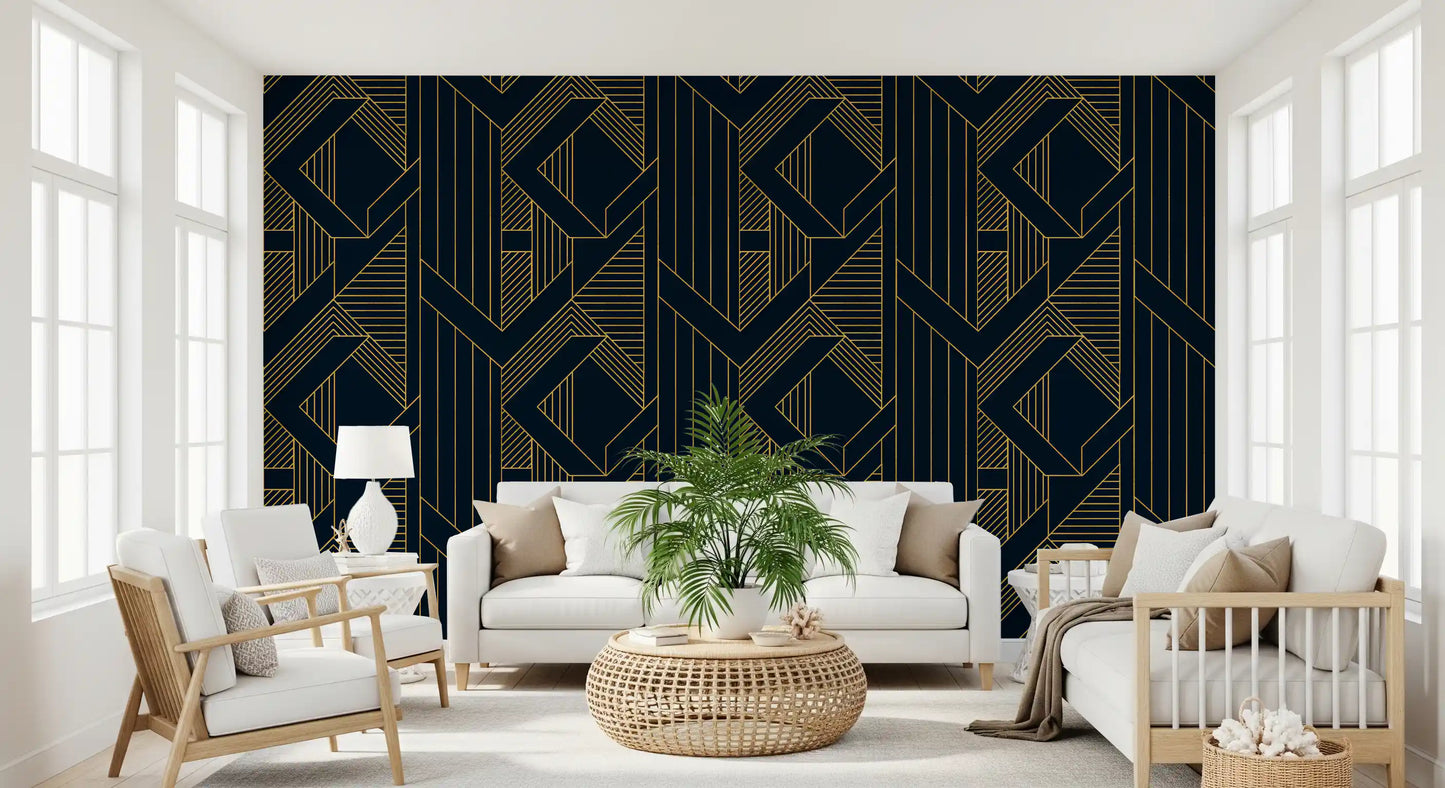 Luxurious Navy and Gold Art Deco Geometric Wallpaper