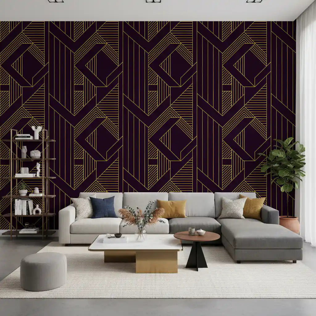 Stretch of gold lines crosses a living room in this Gatsby glamour wallpaper.