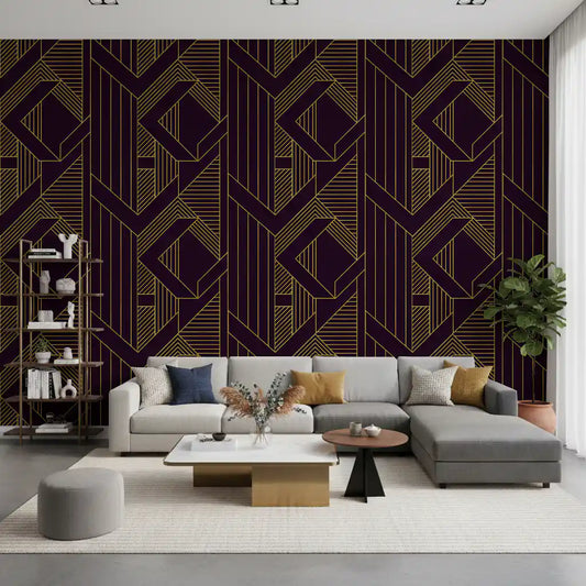 Stretch of gold lines crosses a living room in this Gatsby glamour wallpaper.