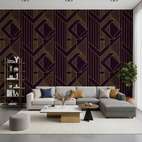 Stretch of gold lines crosses a living room in this Gatsby glamour wallpaper.