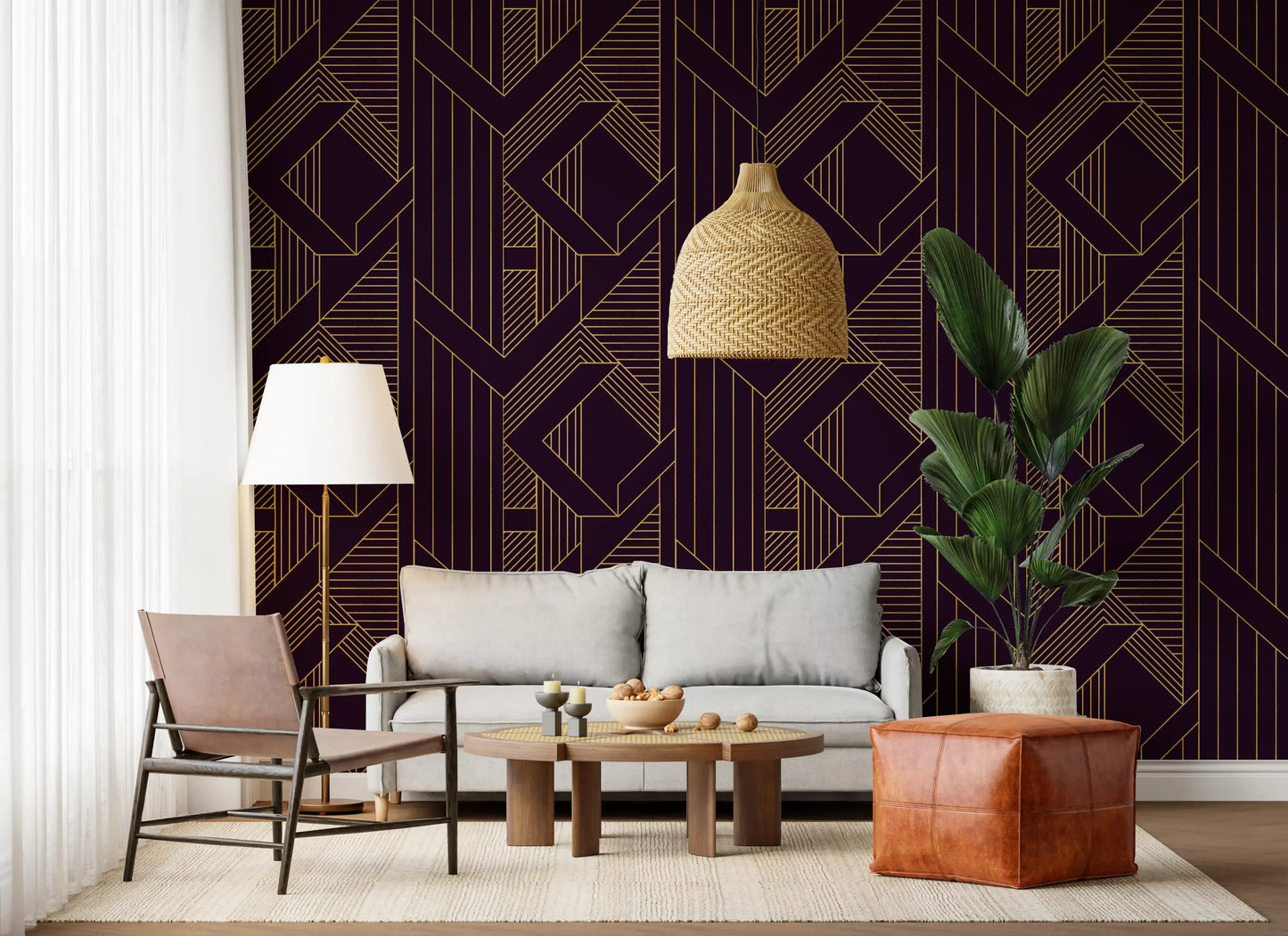Gatsby Glamour Art Deco Violett & Gold Tapete