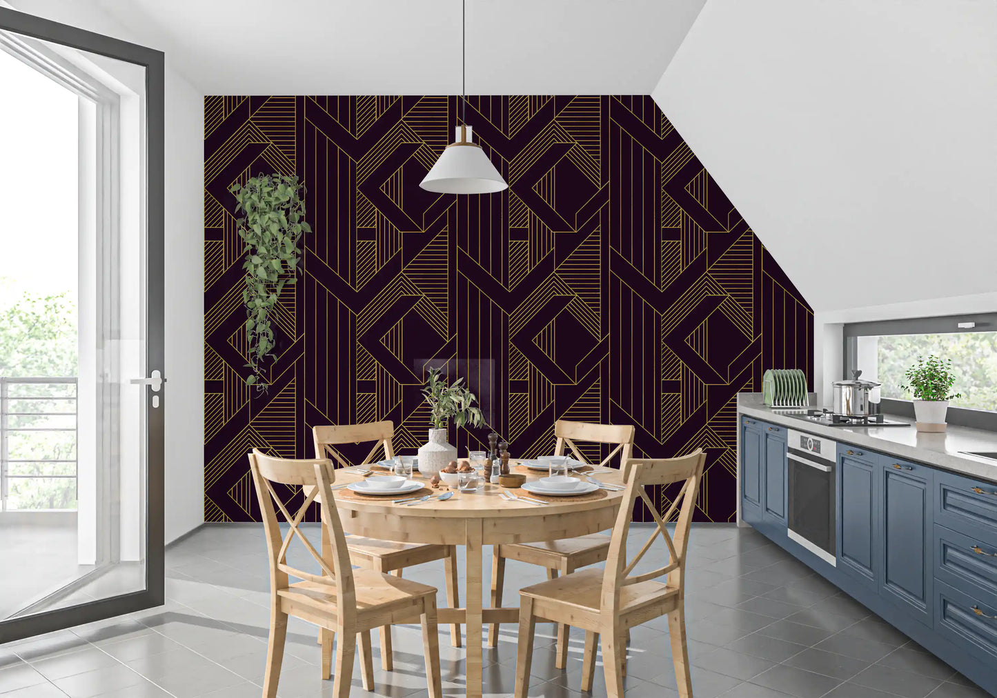 Gatsby Glamour Art Deco Violett & Gold Tapete