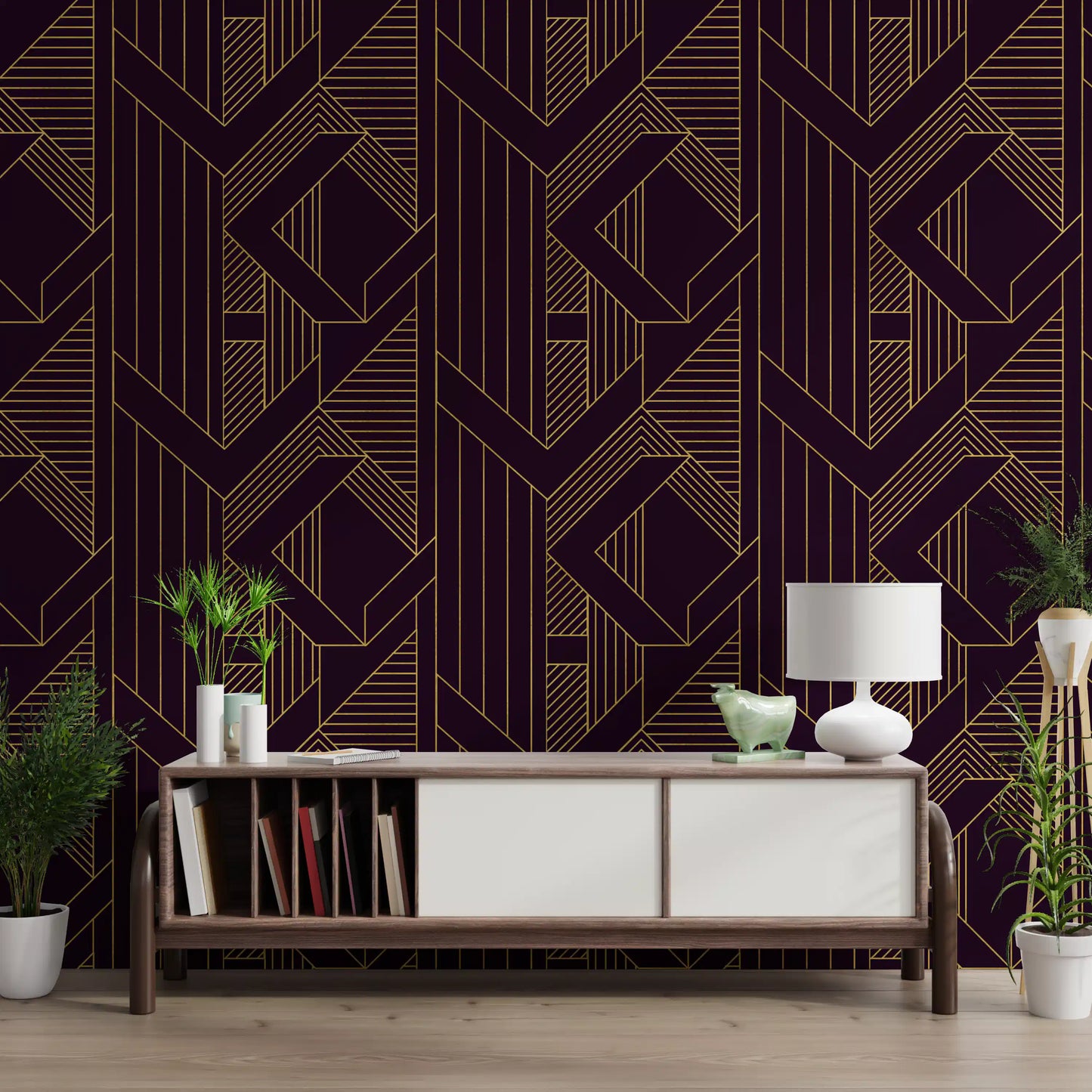 Gatsby Glamour Art Deco Violett & Gold Tapete
