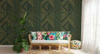 Art Deco Olive Green & Gold Geometric Wallpaper