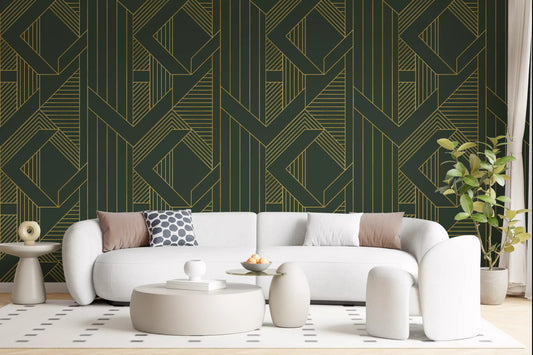 Olive and gold Art Deco wallpaper gives the Living room, structured finish.
