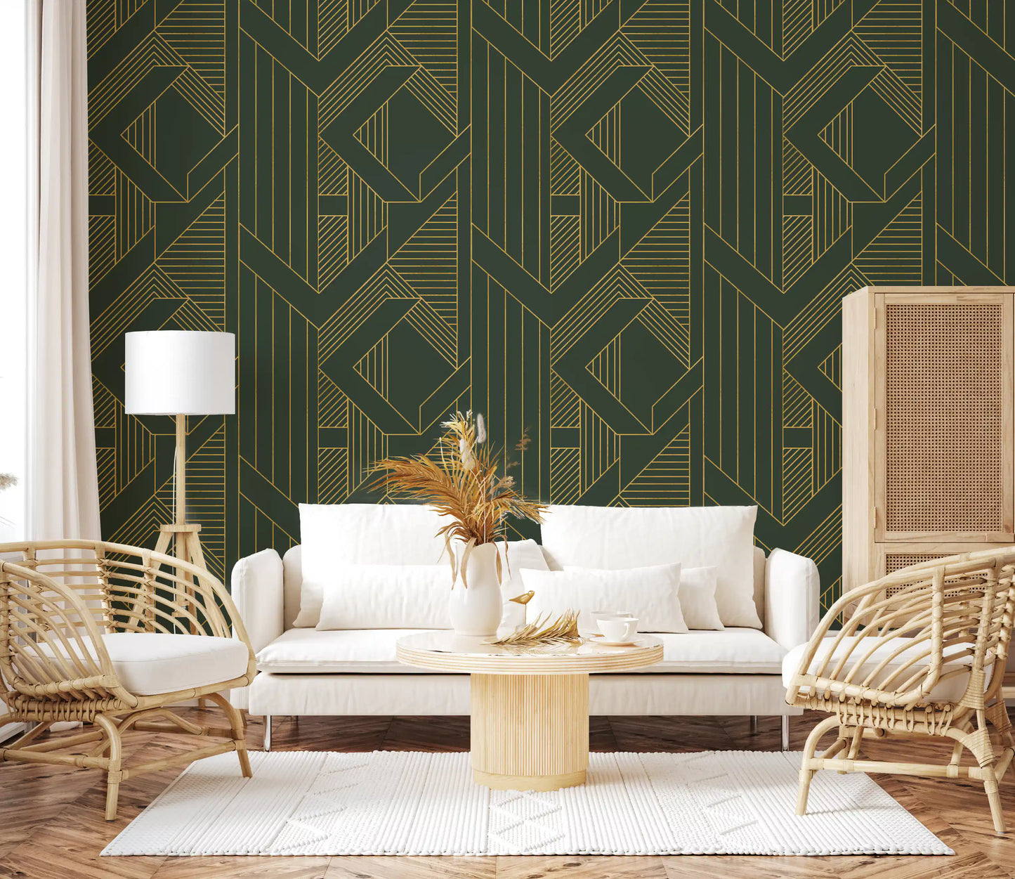 Art Deco Olive Green & Gold Geometric Wallpaper