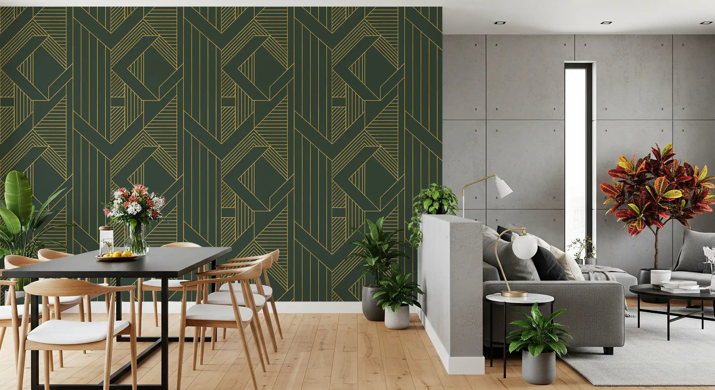 Art Deco Olive Green & Gold Geometric Wallpaper
