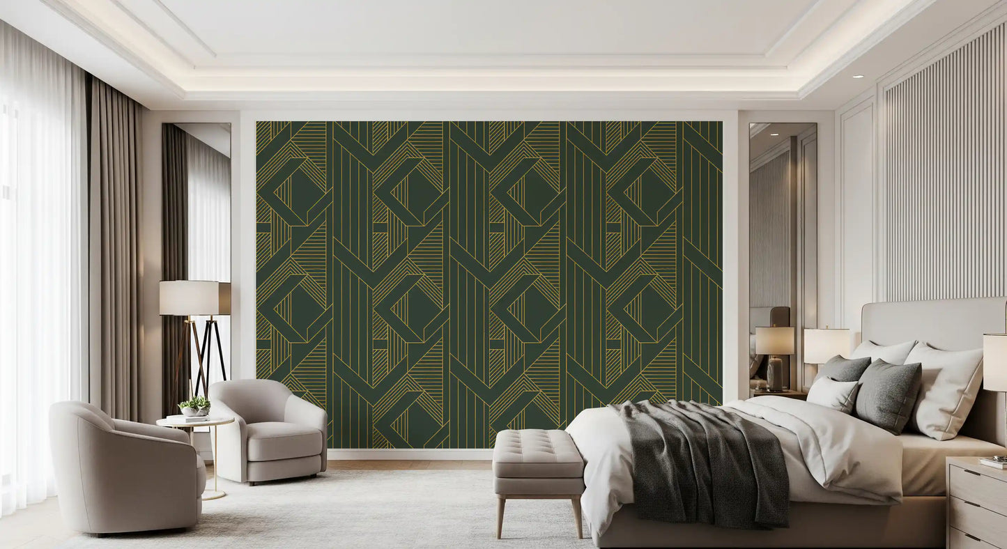 Art Deco Olive Green & Gold Geometric Wallpaper