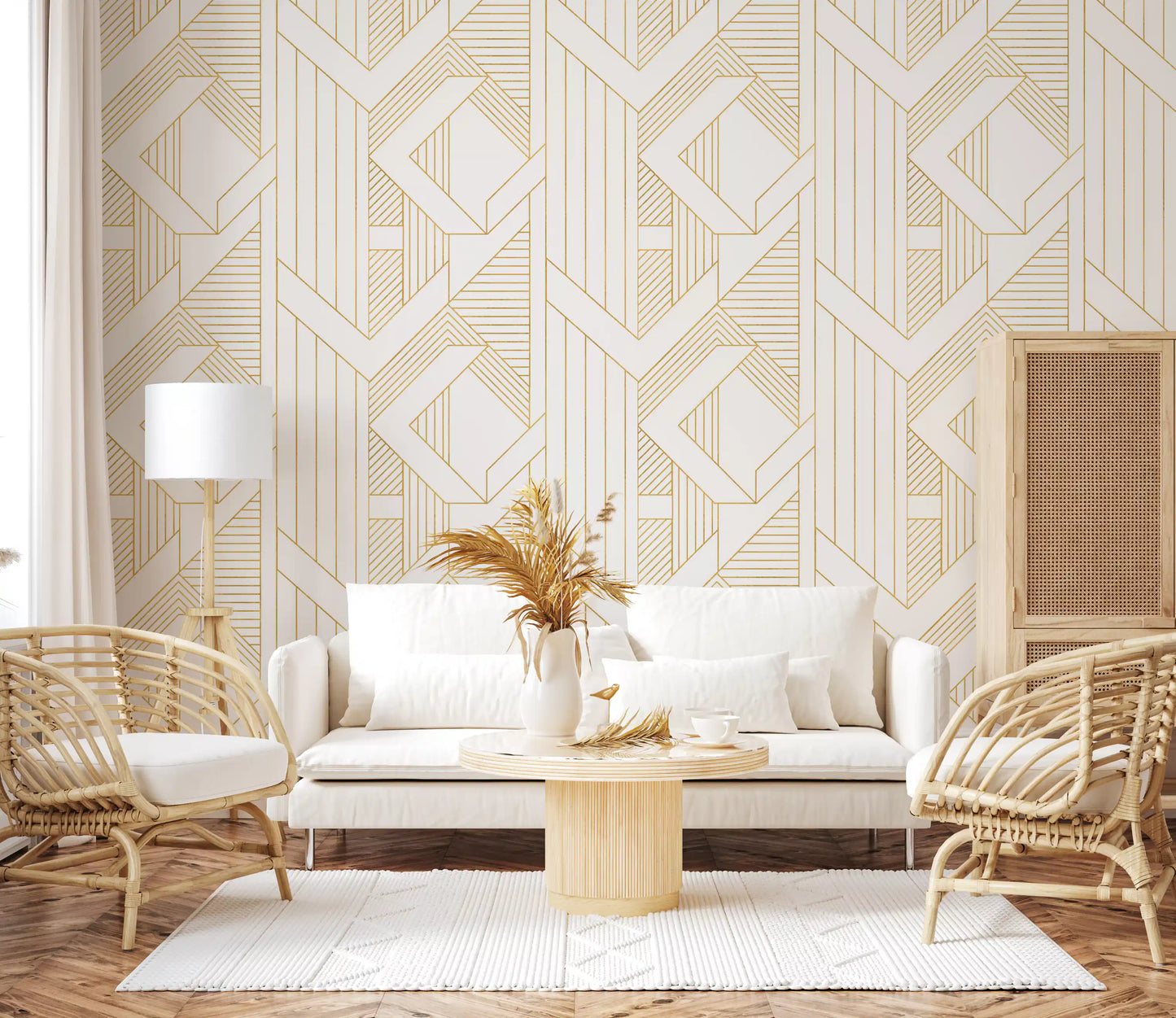 Deco Lines Gold and White Geometric Wall Art Wallpaper⁠