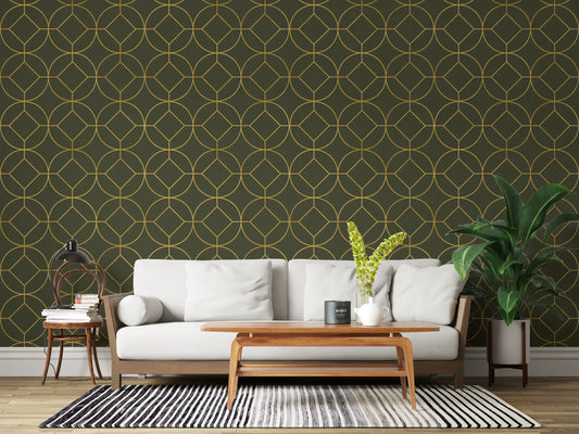 Elegant Olive and Gold Art Deco Geometric Wallpaper lifts a modern living room.