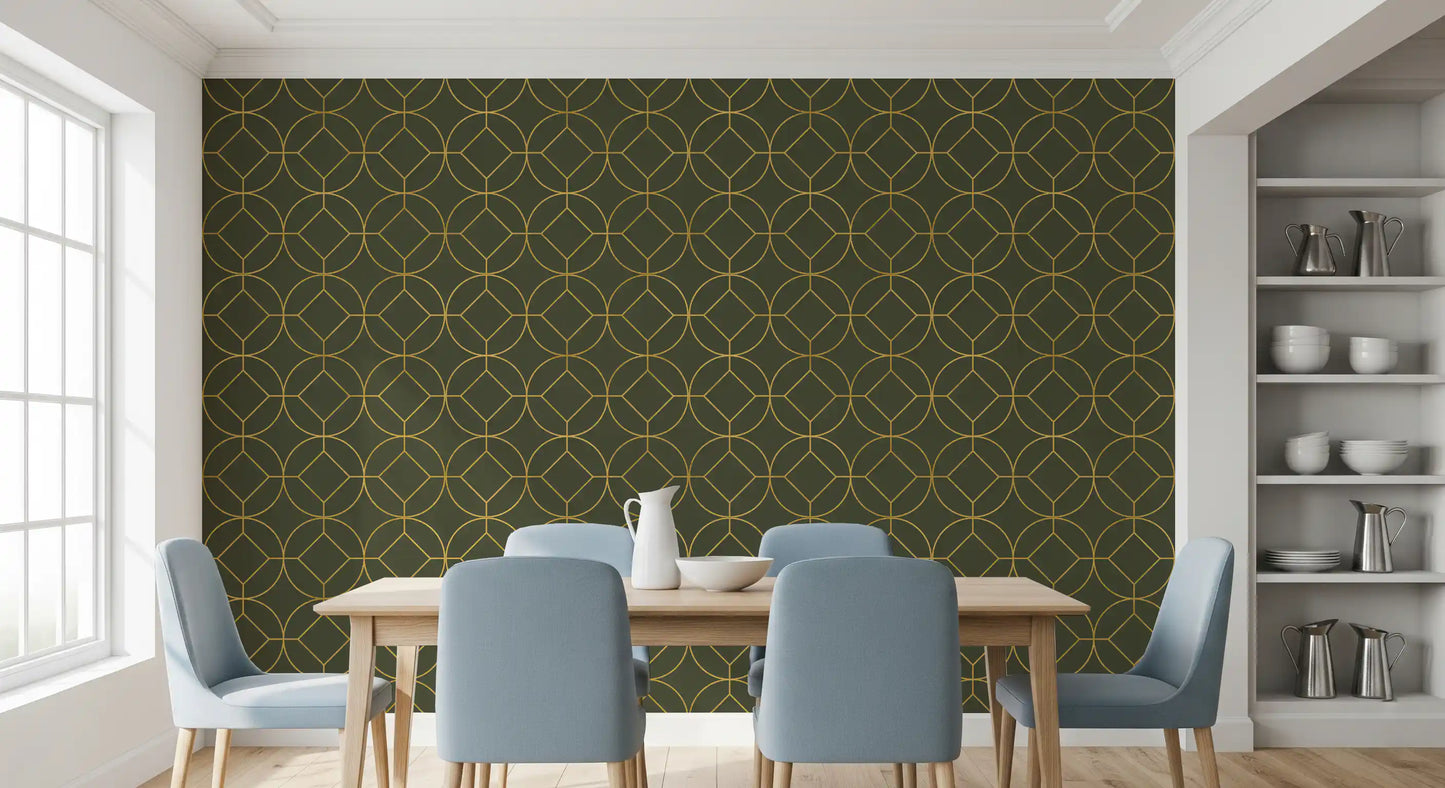 Elegante Art Deco Tapete mit geometrischem Oliv- und Goldmuster