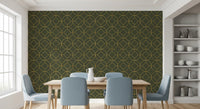Elegante Art Deco Tapete mit geometrischem Oliv- und Goldmuster