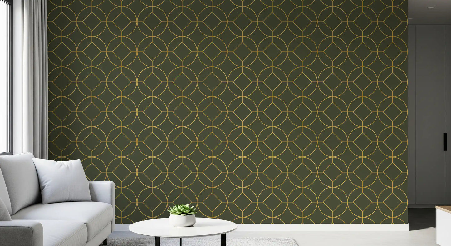 Elegante Art Deco Tapete mit geometrischem Oliv- und Goldmuster