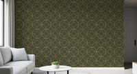 Elegante Art Deco Tapete mit geometrischem Oliv- und Goldmuster