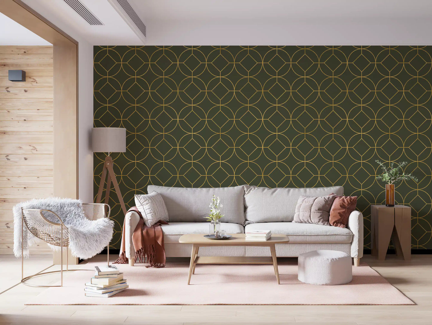 Elegante Art Deco Tapete mit geometrischem Oliv- und Goldmuster