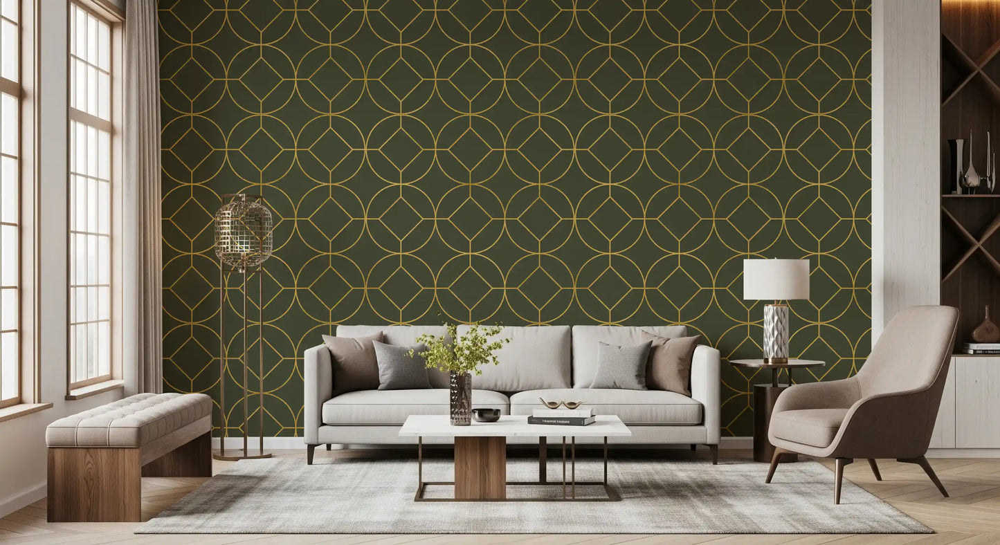 Elegante Art Deco Tapete mit geometrischem Oliv- und Goldmuster