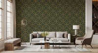Elegante Art Deco Tapete mit geometrischem Oliv- und Goldmuster
