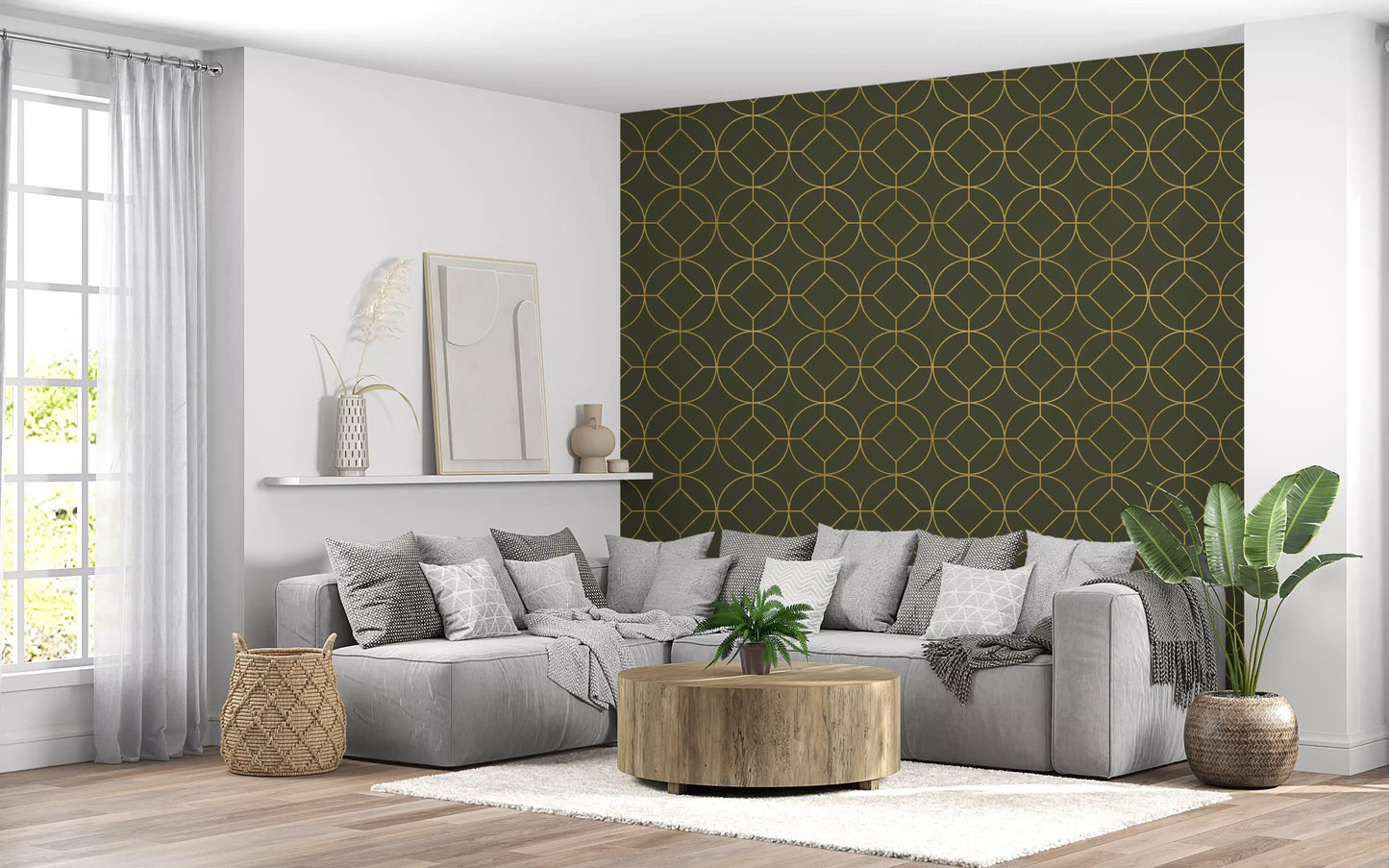 Elegante Art Deco Tapete mit geometrischem Oliv- und Goldmuster