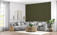 Elegante Art Deco Tapete mit geometrischem Oliv- und Goldmuster