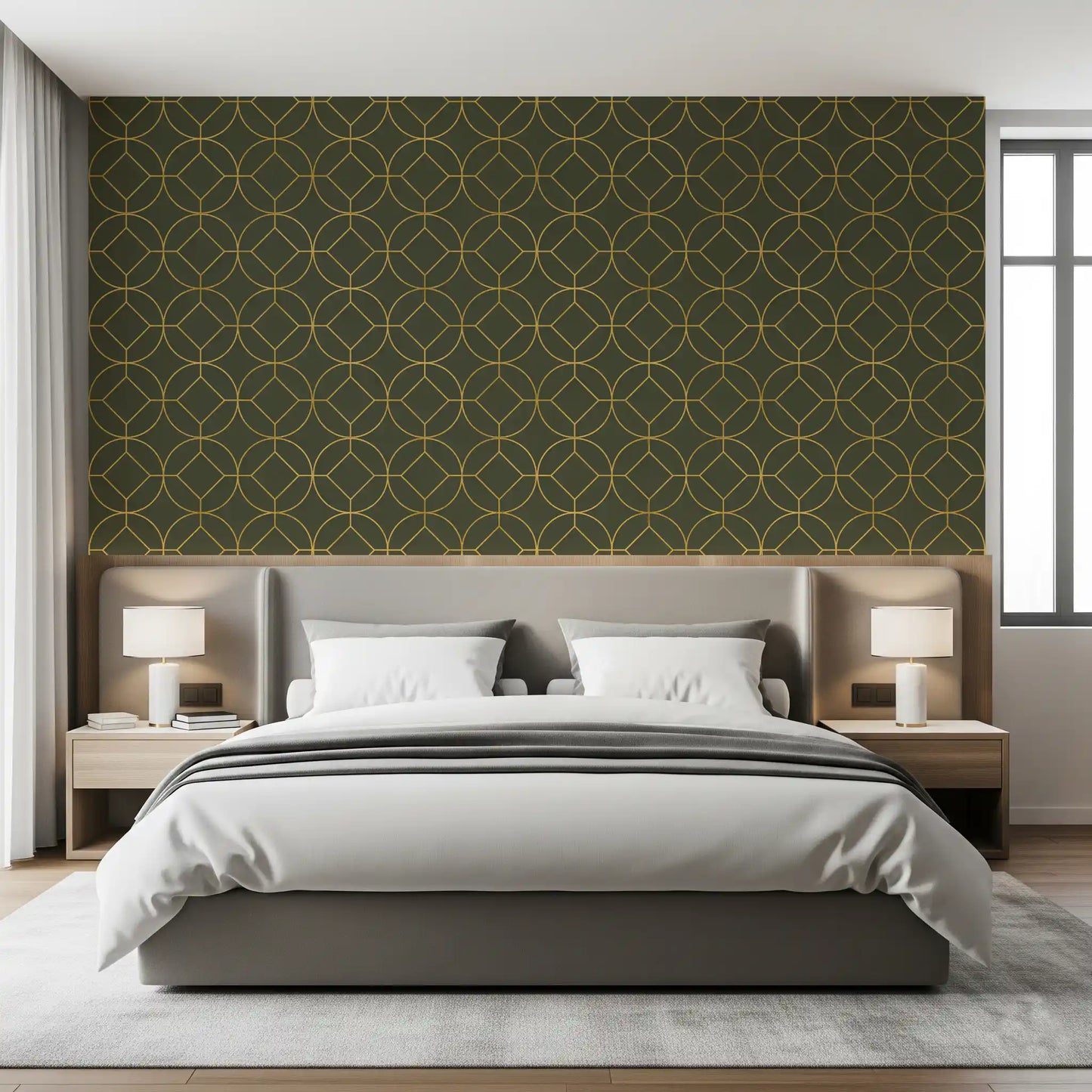 Elegante Art Deco Tapete mit geometrischem Oliv- und Goldmuster