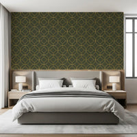 Elegante Art Deco Tapete mit geometrischem Oliv- und Goldmuster