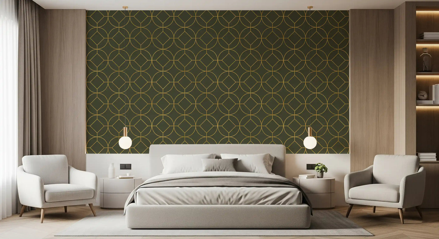 Elegante Art Deco Tapete mit geometrischem Oliv- und Goldmuster