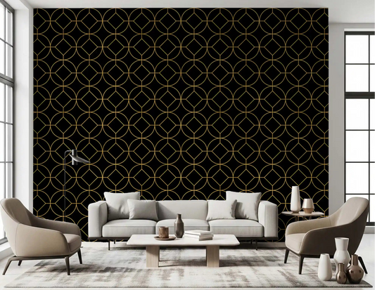 Golden Gatsby Geometric Wallpaper warms a calm living room scheme.
