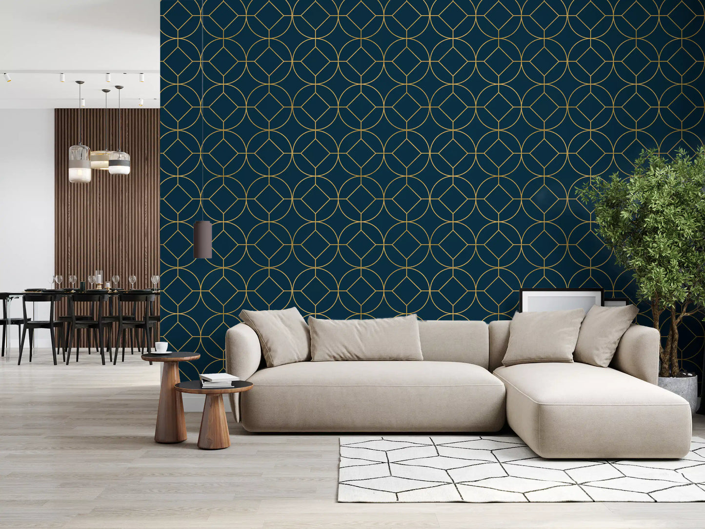 Papier peint géométrique Art déco marine et or
