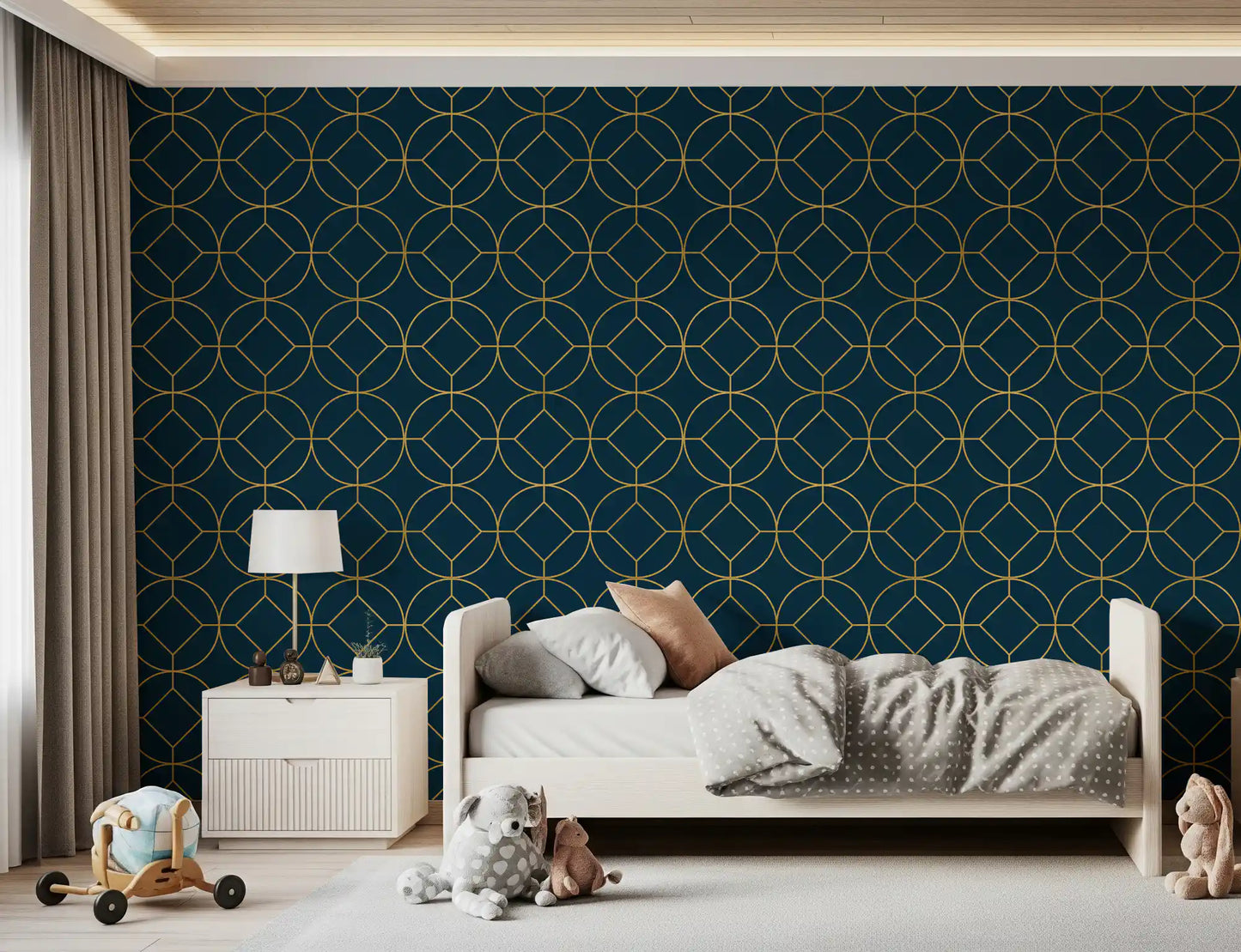 Papier peint géométrique Art déco marine et or