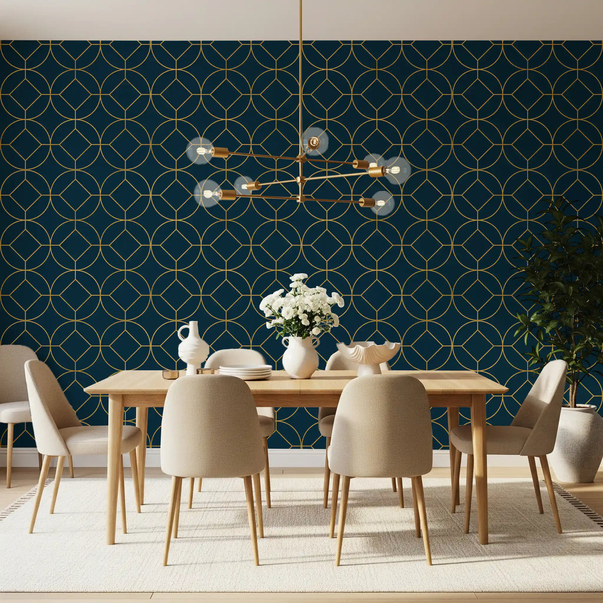 Dining room takes a steady navy tone from this Art Deco Geometric Wallpaper.
