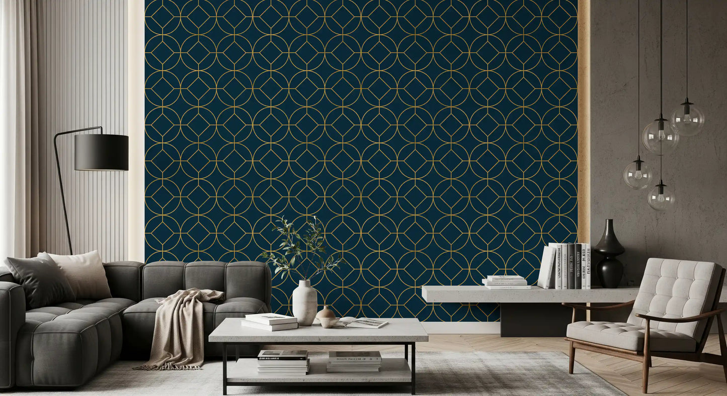 Papier peint géométrique Art déco marine et or