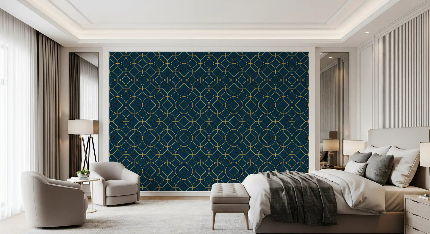 Papier peint géométrique Art déco marine et or