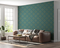 Teal and Gold Art Deco Geometric Wallpaper