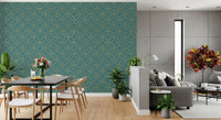 Teal and Gold Art Deco Geometric Wallpaper