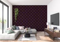 Bold plum wall with Art Deco Gold and Plum Geometric Wallpaper angular design for a living room.