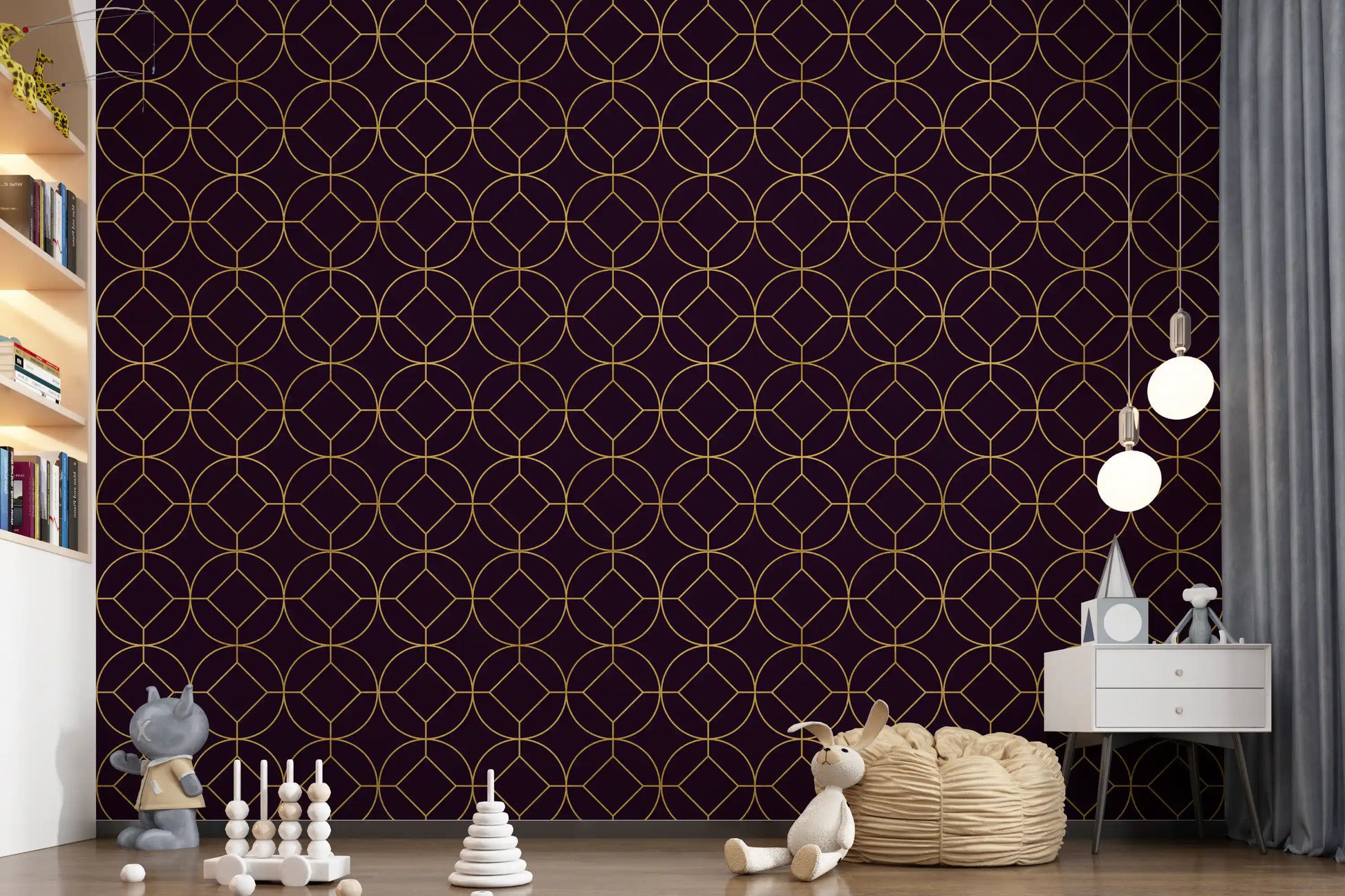 Dramatic wall finish in Art Deco Gold and Plum Geometric Wallpaper geometry