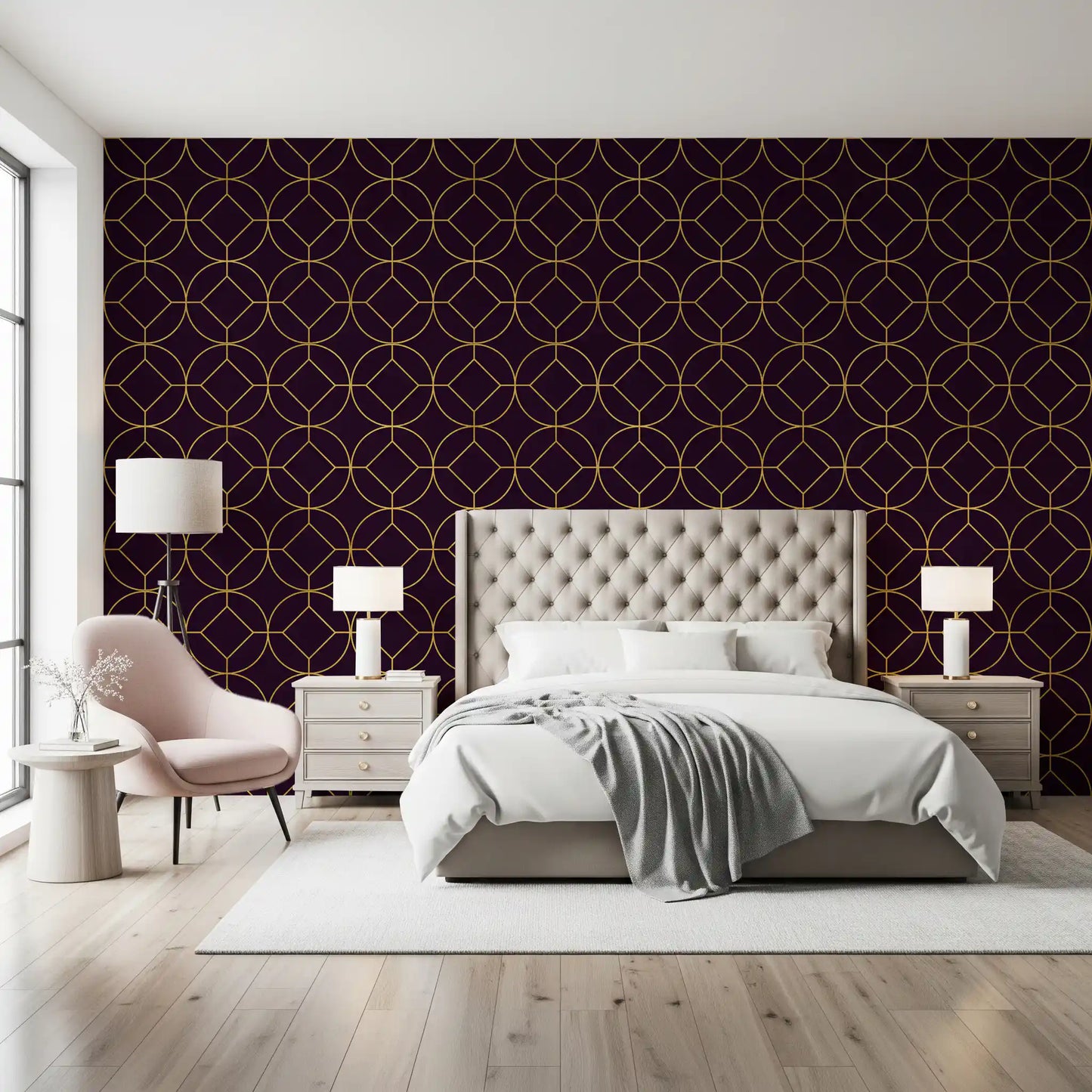 Geometric composition inspired by Art Deco Gold and Plum Geometric Wallpaper