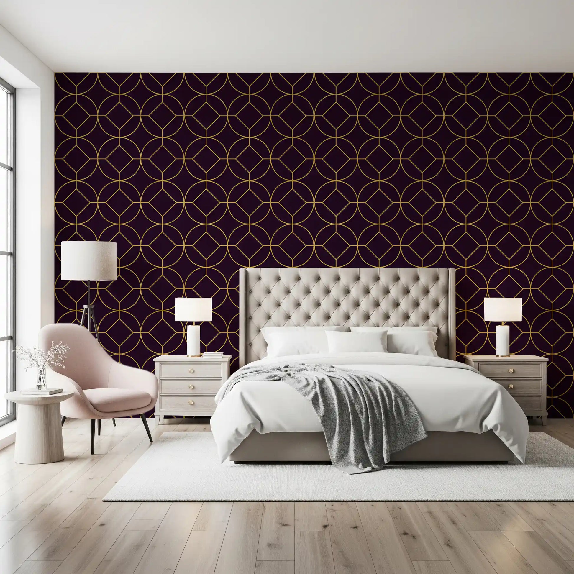 Geometric composition inspired by Art Deco Gold and Plum Geometric Wallpaper