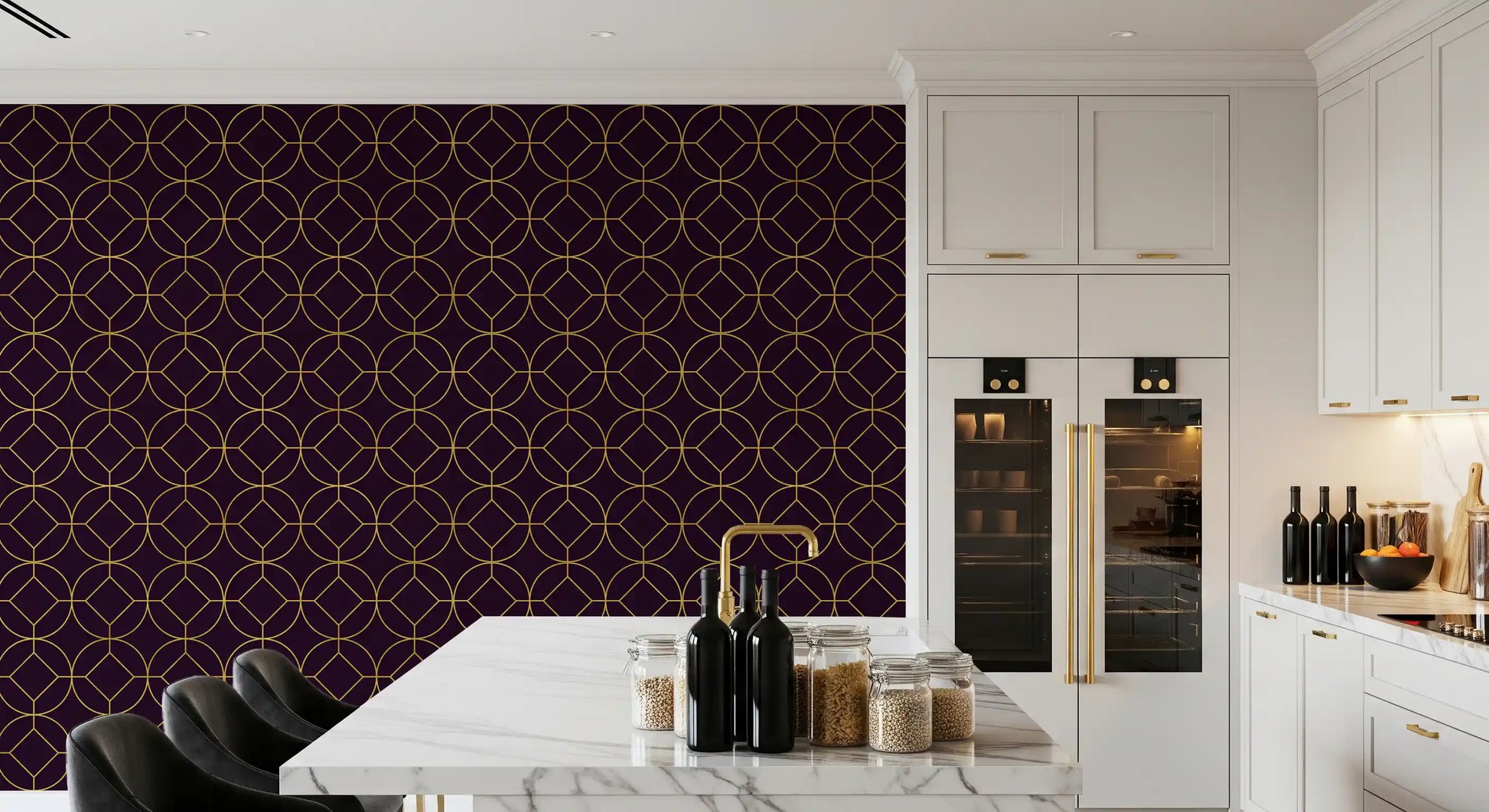 Artistic interior surface using Art Deco Gold and Plum Geometric Wallpaper look