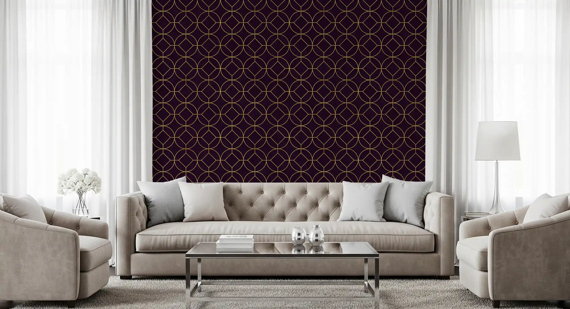 Contemporary surface styled with Art Deco Gold and Plum Geometric Wallpaper form