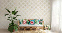 Soft gold intersecting pattern in Modern Luxe Gold and White Lattice Wallpaper for a hallway.