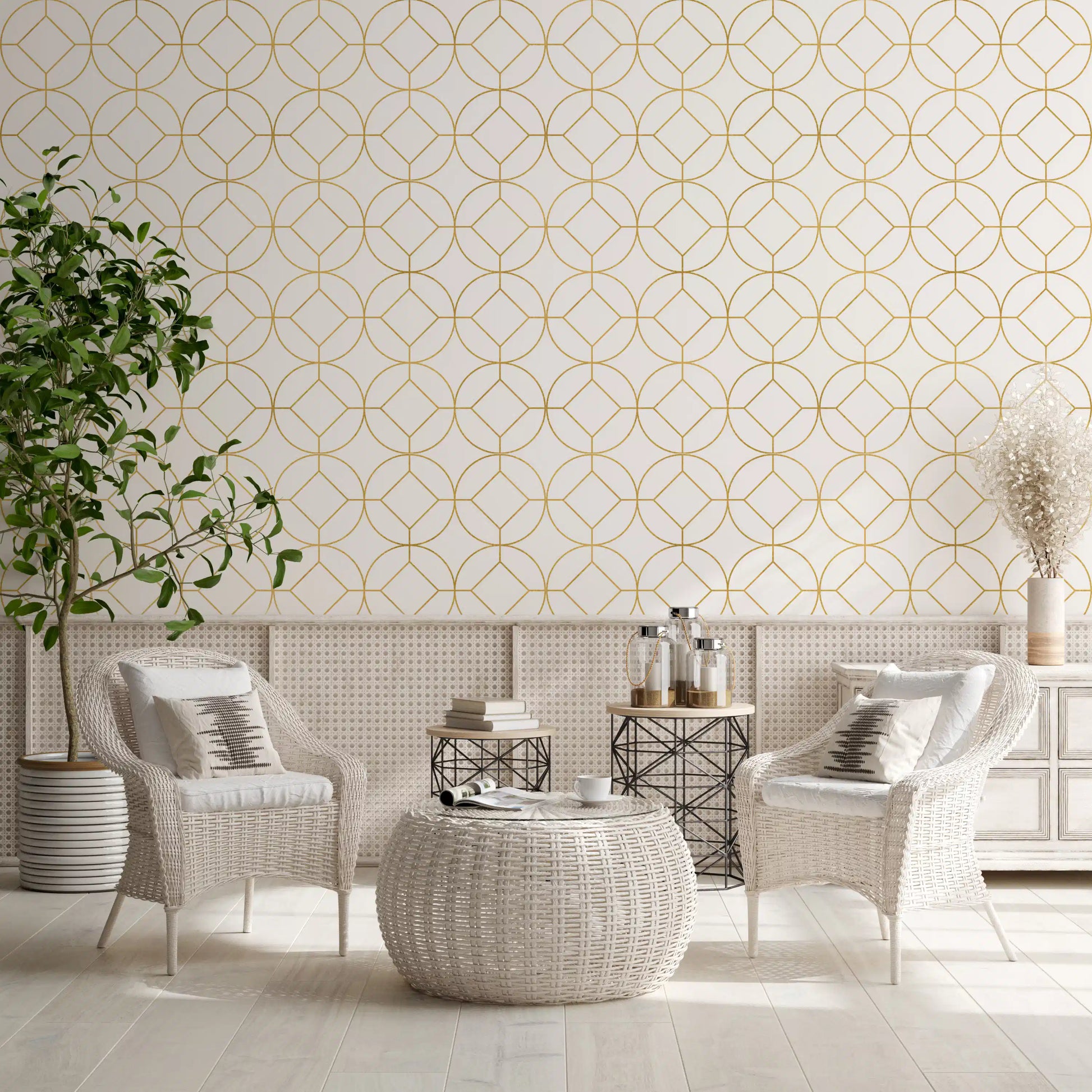 Minimal white wall enhanced by Modern Luxe Gold and White Lattice Wallpaper design