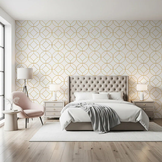 Bedroom Bright interior grid design using Modern Luxe Gold and White Lattice Wallpaper
