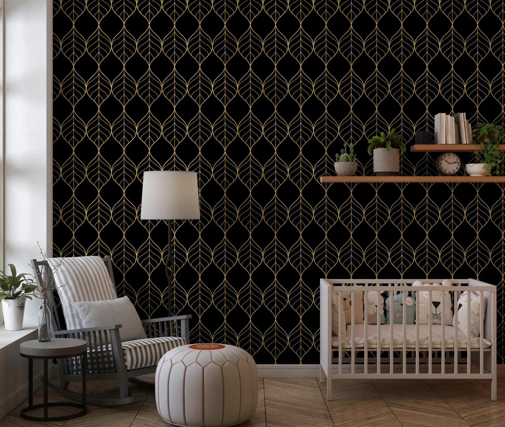 Contemporary decorative surface in Art Deco Gold and Black Leaf Wallpaper tone