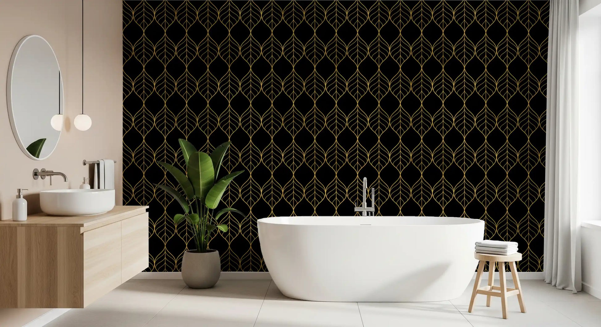 Artistic contrast layout using Art Deco Gold and Black Leaf Wallpaper visuals