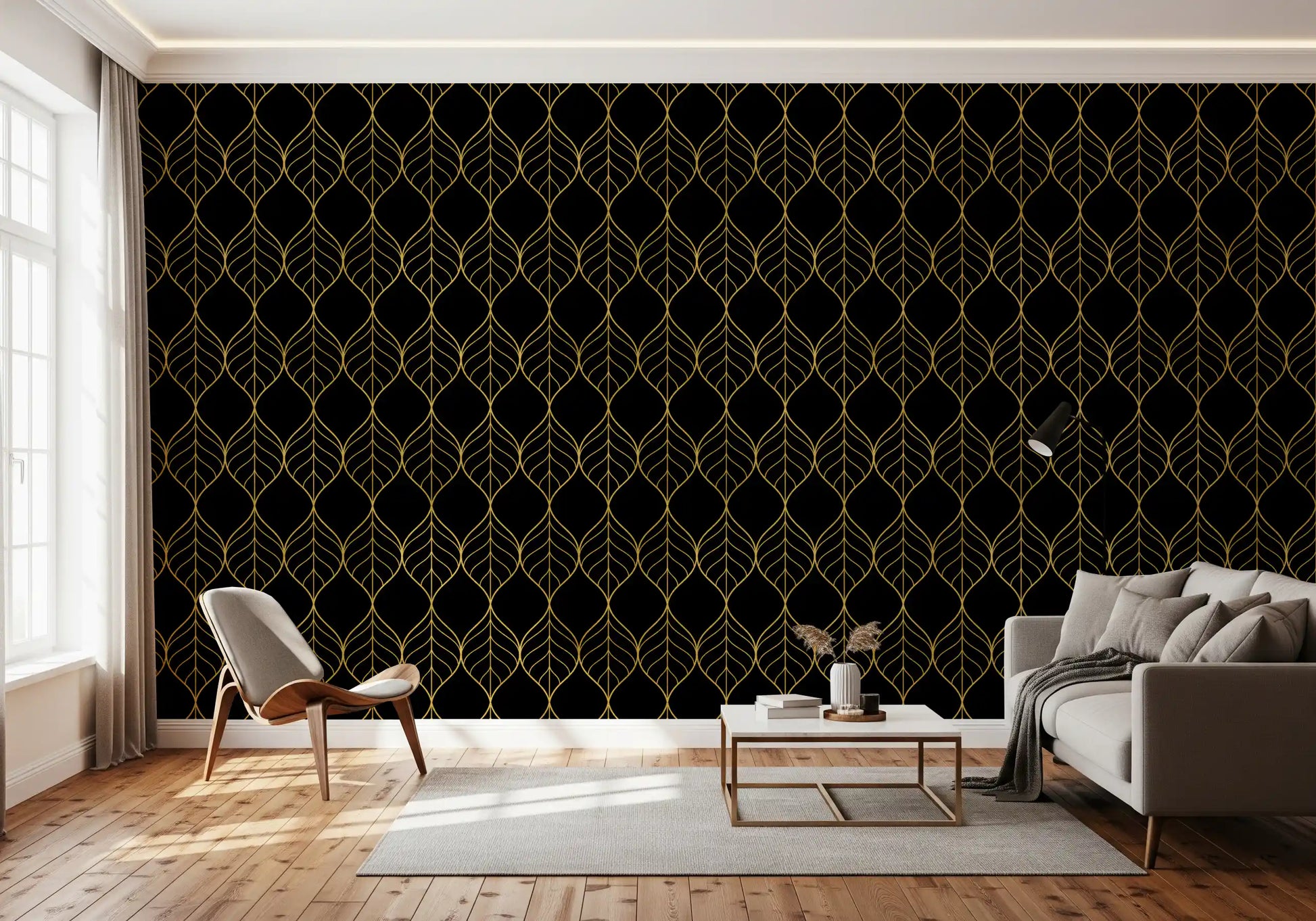 Bold evening-tone pattern from Art Deco Gold and Black Leaf Wallpaper style for a hallway.
