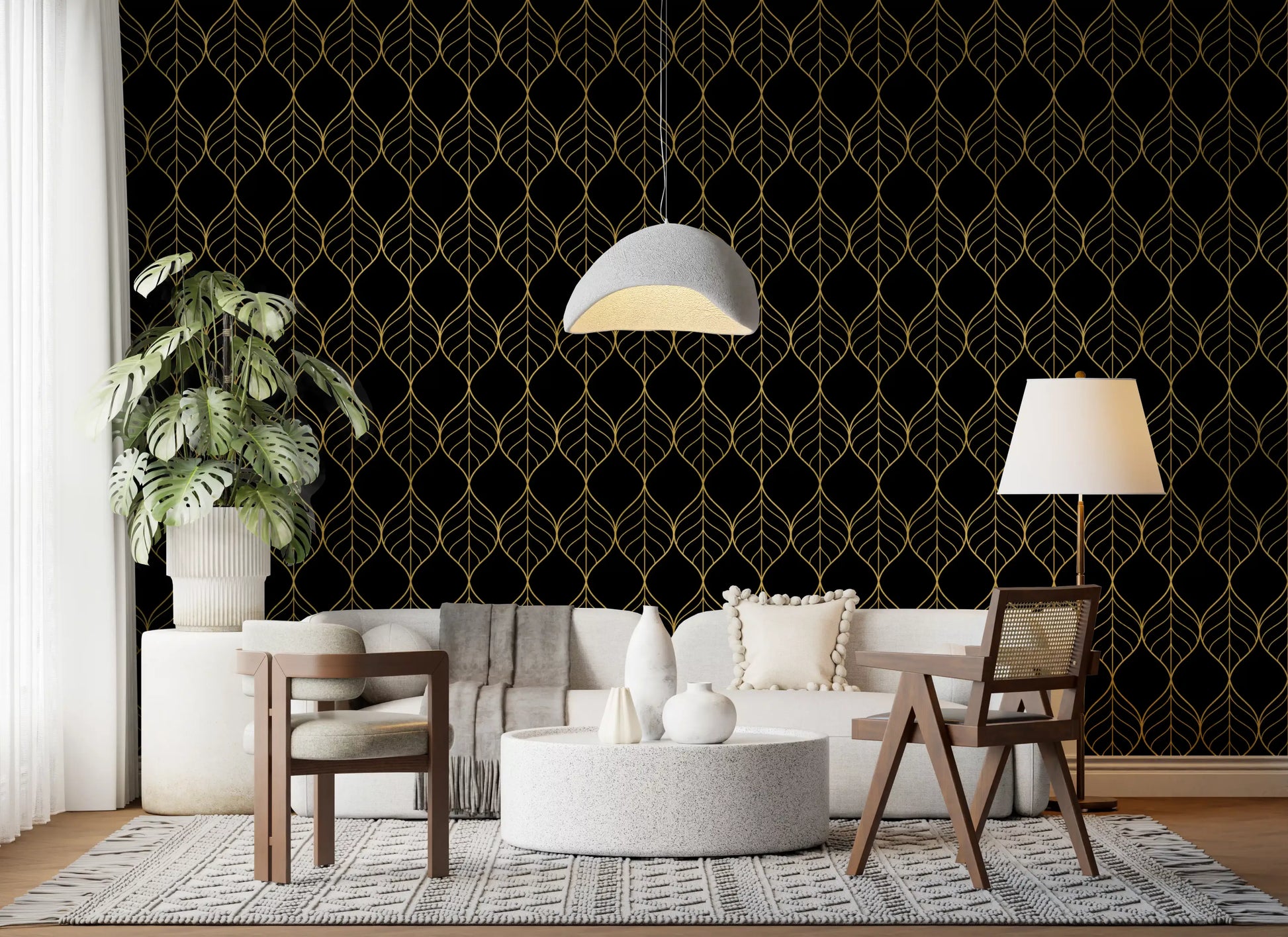 Refined metallic leaf composition in Art Deco Gold and Black Leaf Wallpaper