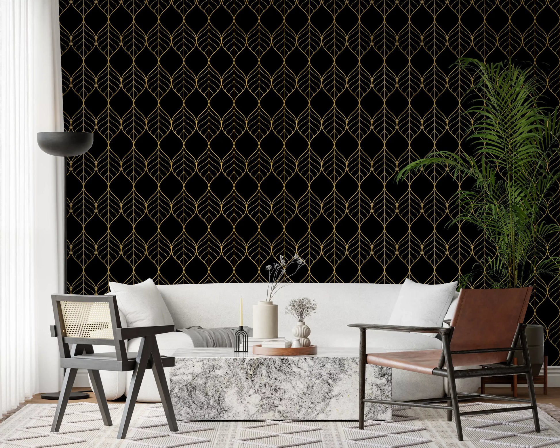Sleek ornamental design via Art Deco Gold and Black Leaf Wallpaper concept