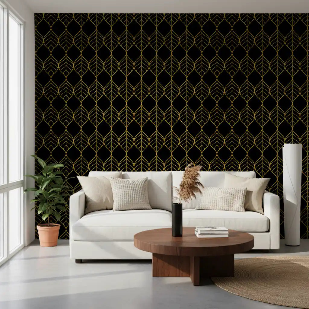 Elegant dark botanical surface with Art Deco Gold and Black Leaf office area Wallpaper